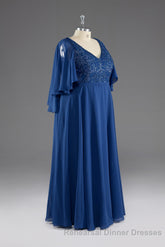 A-line V-Neck Short Sleeves Chiffon Mother of The Bride Dress